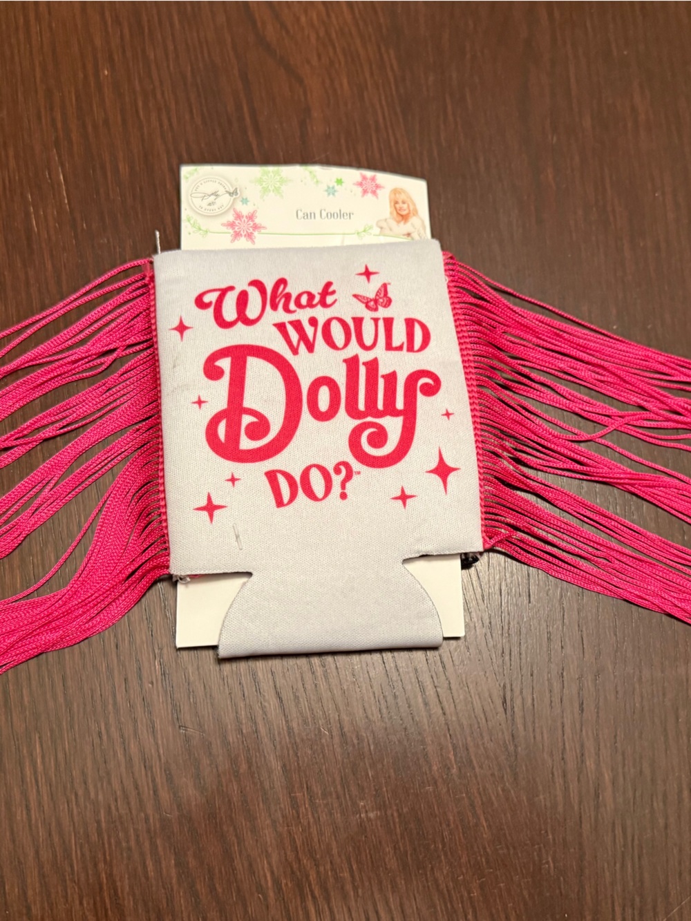 Hot Pink Fringe Can Cooler with "What Would Dolly Do?" Slogan Dolly Parton